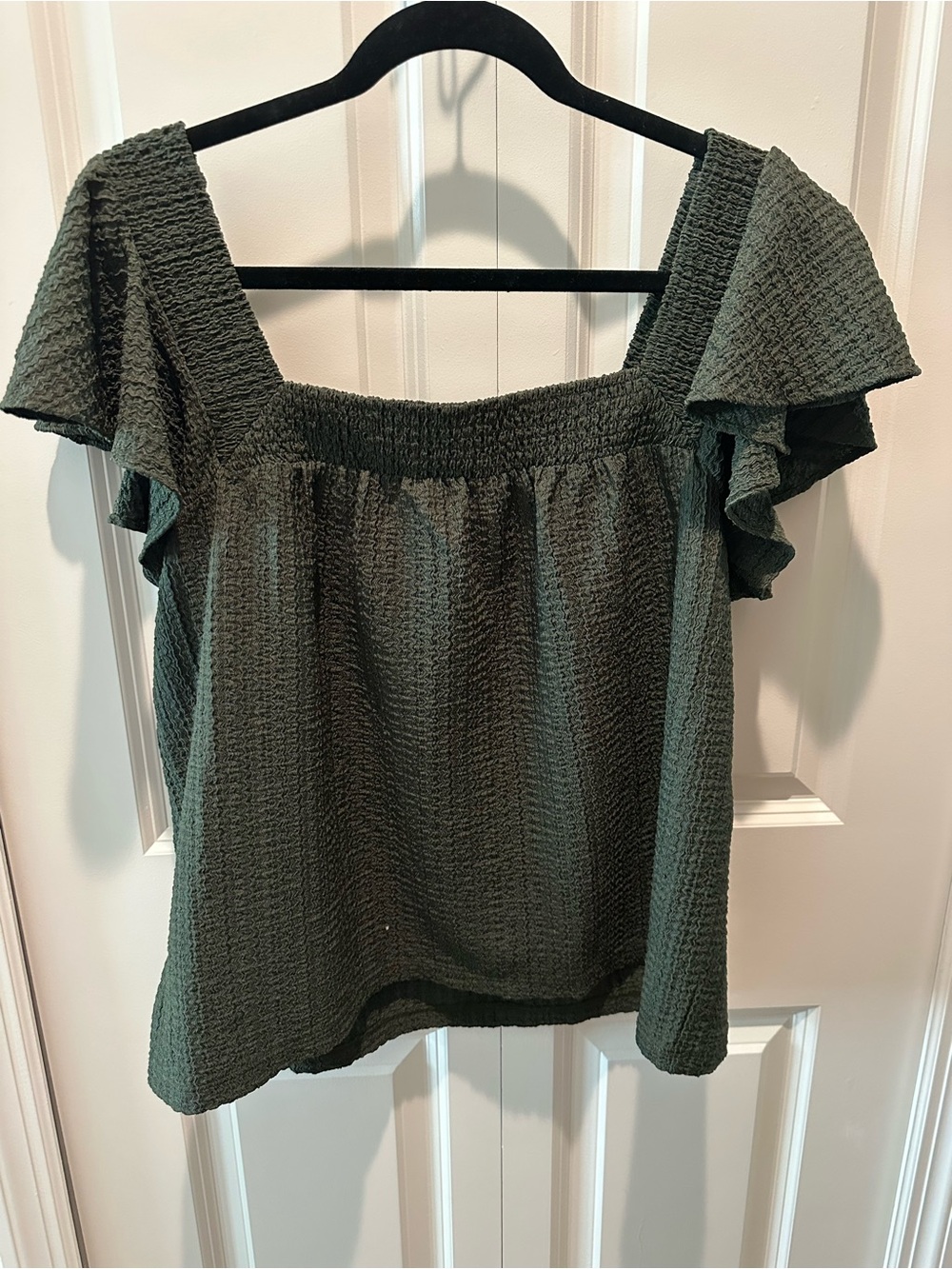 LOFT Olive Green Smocked Square-Neck Flutter Sleeve Top